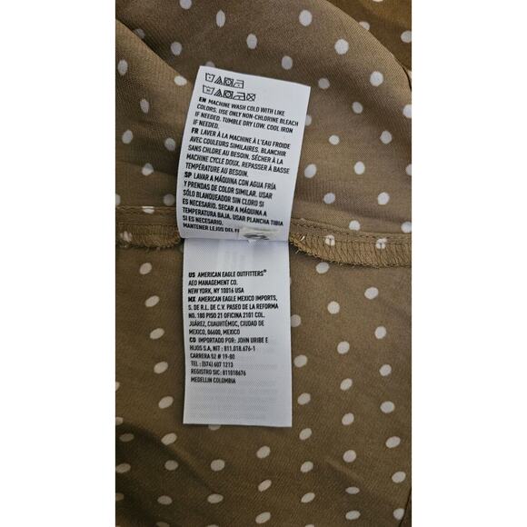 American Eagle Womans Size M Blouse Brown White Polka Dot Peplum Hem Front Tie - Picture 6 of 7